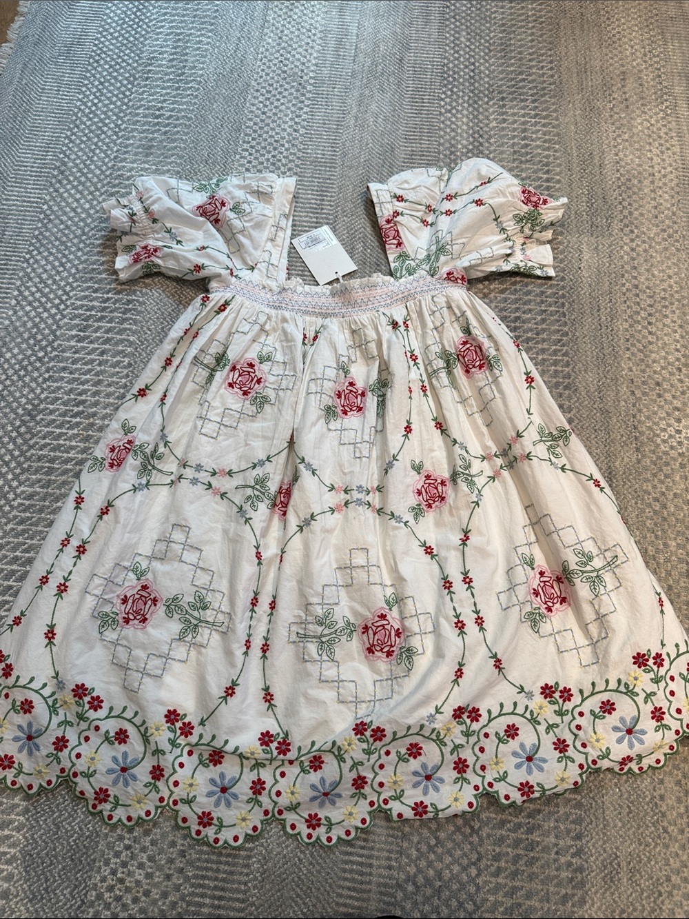 Embroidered White Mini Dress with Red Rose Detail